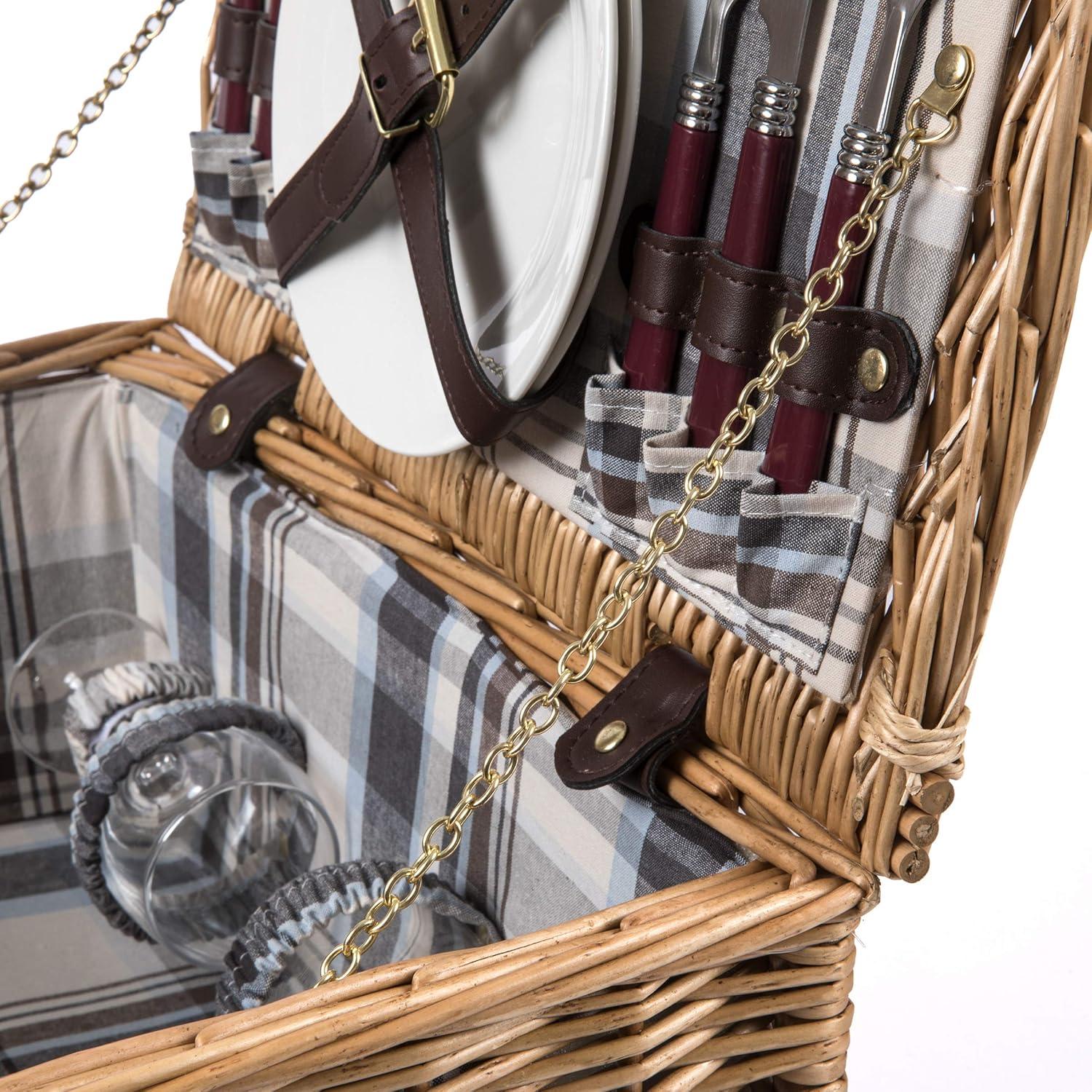 imagePICNIC TIME Bristol Picnic Basket for 2 Wicker Picnic Basket Picnic Set Navy Blue ampamp Burgundy Plaid Pattern