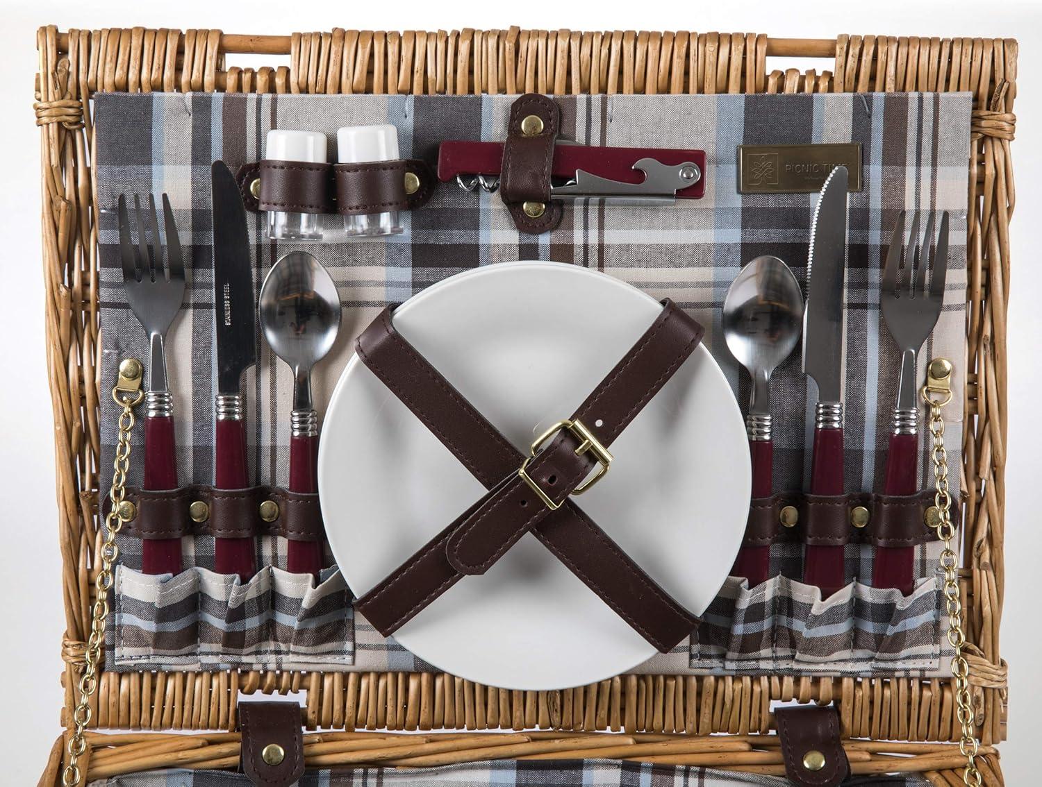 imagePICNIC TIME Bristol Picnic Basket for 2 Wicker Picnic Basket Picnic Set Navy Blue ampamp Burgundy Plaid Pattern