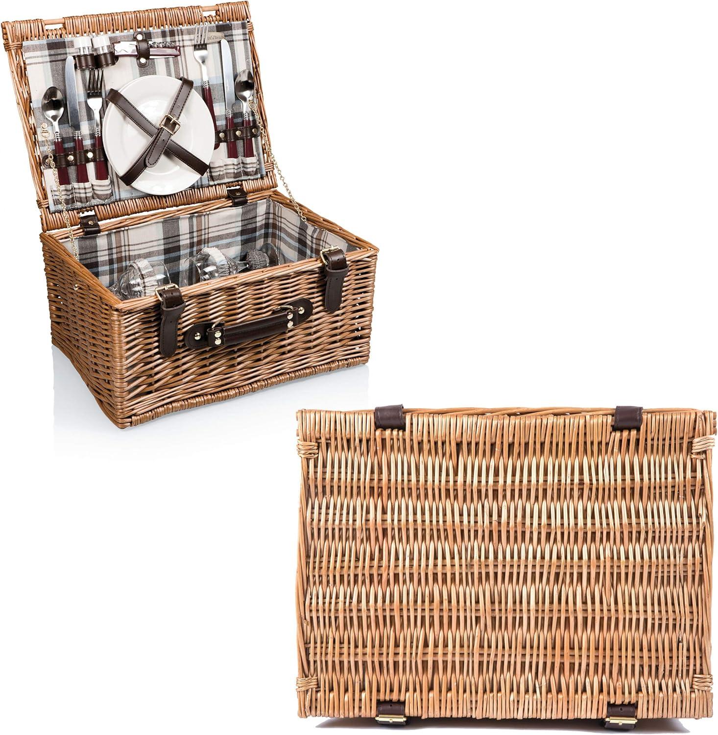 imagePICNIC TIME Bristol Picnic Basket for 2 Wicker Picnic Basket Picnic Set Navy Blue ampamp Burgundy Plaid Pattern