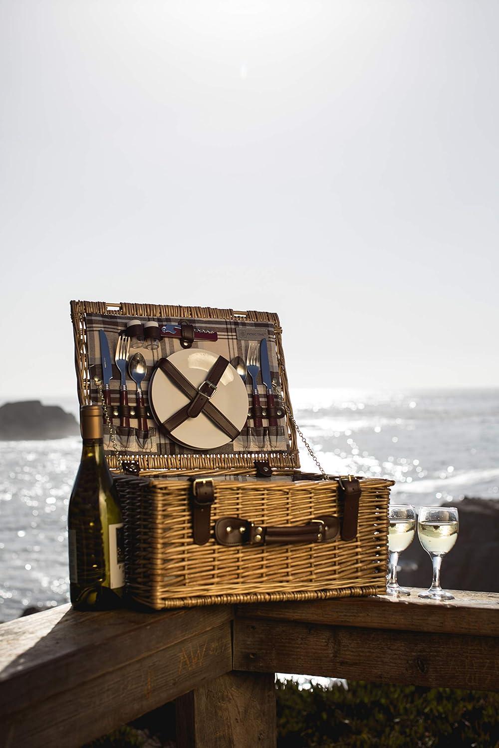 imagePICNIC TIME Bristol Picnic Basket for 2 Wicker Picnic Basket Picnic Set Navy Blue ampamp Burgundy Plaid Pattern