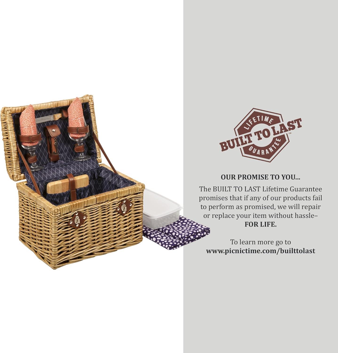 imagePICNIC TIME Napa Wine ampamp Cheese Picnic Basket for 2 Wine Picnic Basket Set Wine Basket with Wine Glasses and Cheese Board Adeline Collection Deep Purple with Coral Pattern