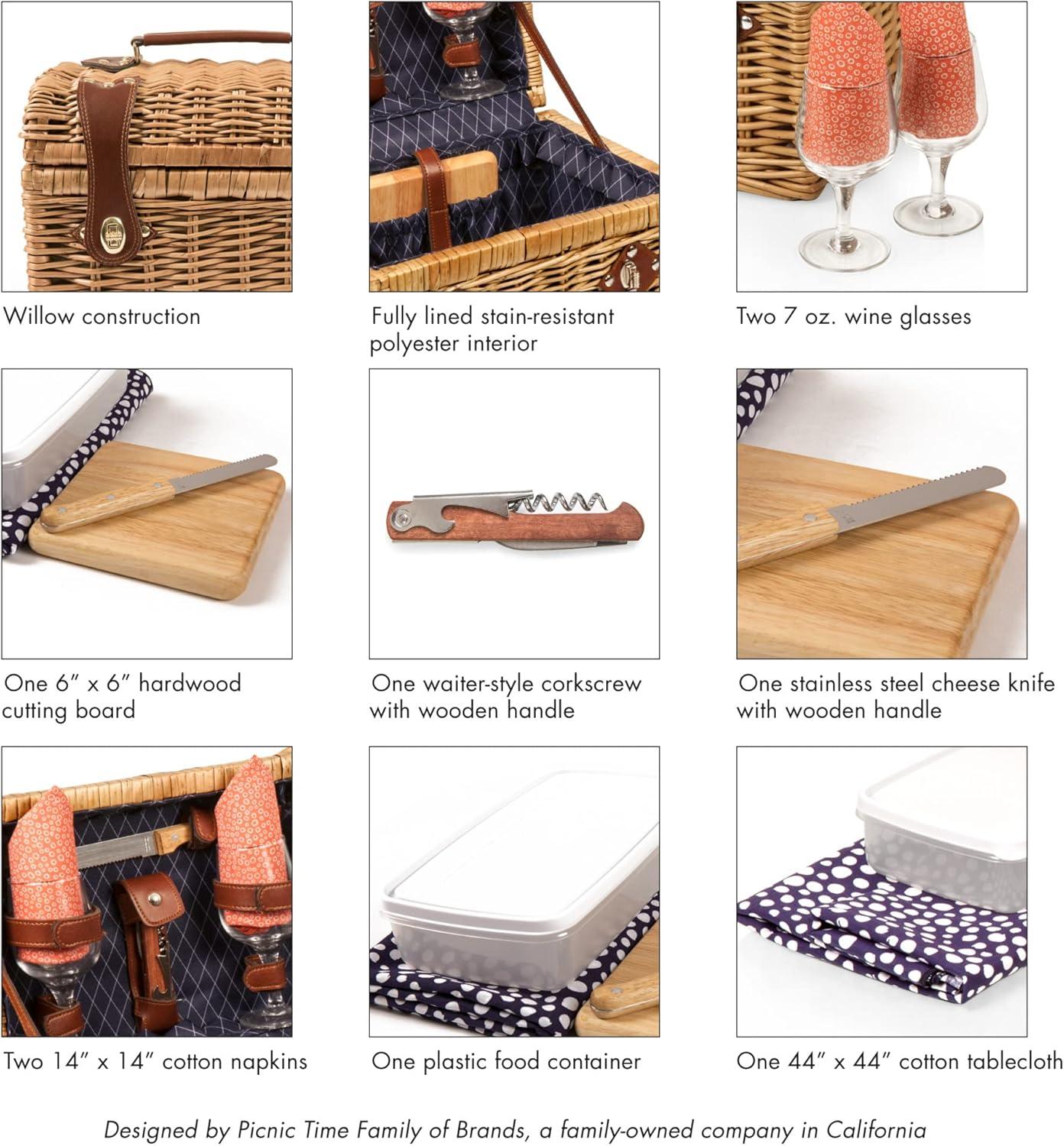 imagePICNIC TIME Napa Wine ampamp Cheese Picnic Basket for 2 Wine Picnic Basket Set Wine Basket with Wine Glasses and Cheese Board Adeline Collection Deep Purple with Coral Pattern