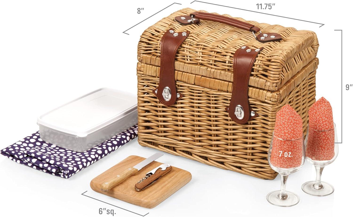 imagePICNIC TIME Napa Wine ampamp Cheese Picnic Basket for 2 Wine Picnic Basket Set Wine Basket with Wine Glasses and Cheese Board Adeline Collection Deep Purple with Coral Pattern