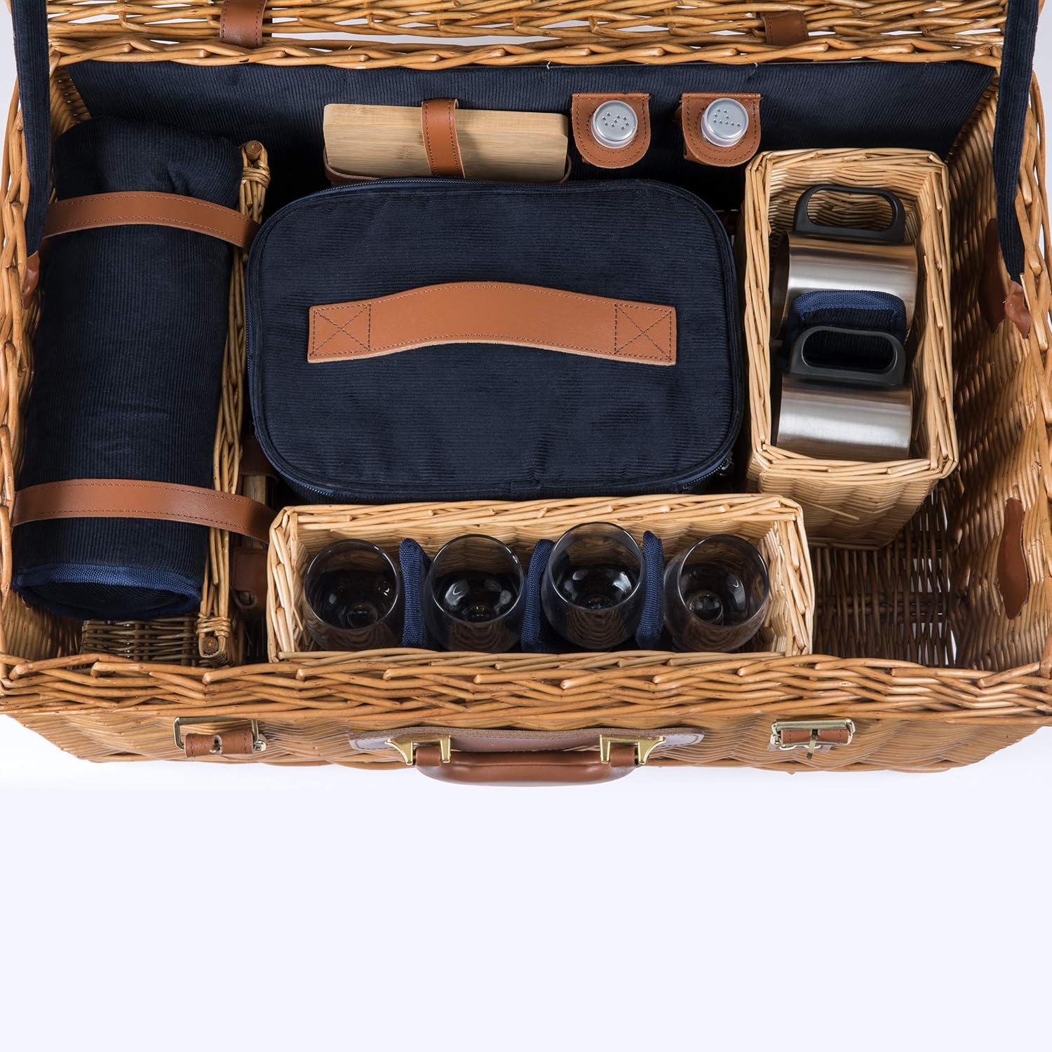 imagePICNIC TIME Windsor Luxury Picnic Basket for 4 Large Wicker Picnic Basket Deluxe Picnic Set 4 Navy Blue