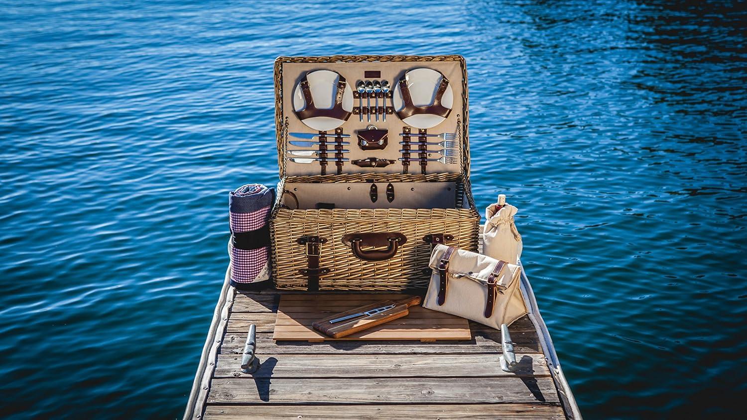 imagePICNIC TIME Charleston Luxury Picnic Basket for 4 Romantic Vintage EnglishStyle Wooden Basket Complete Deluxe Service With Blanket Suitcasestyle Handle and Genuine Cowhide Leather Beige Canvas