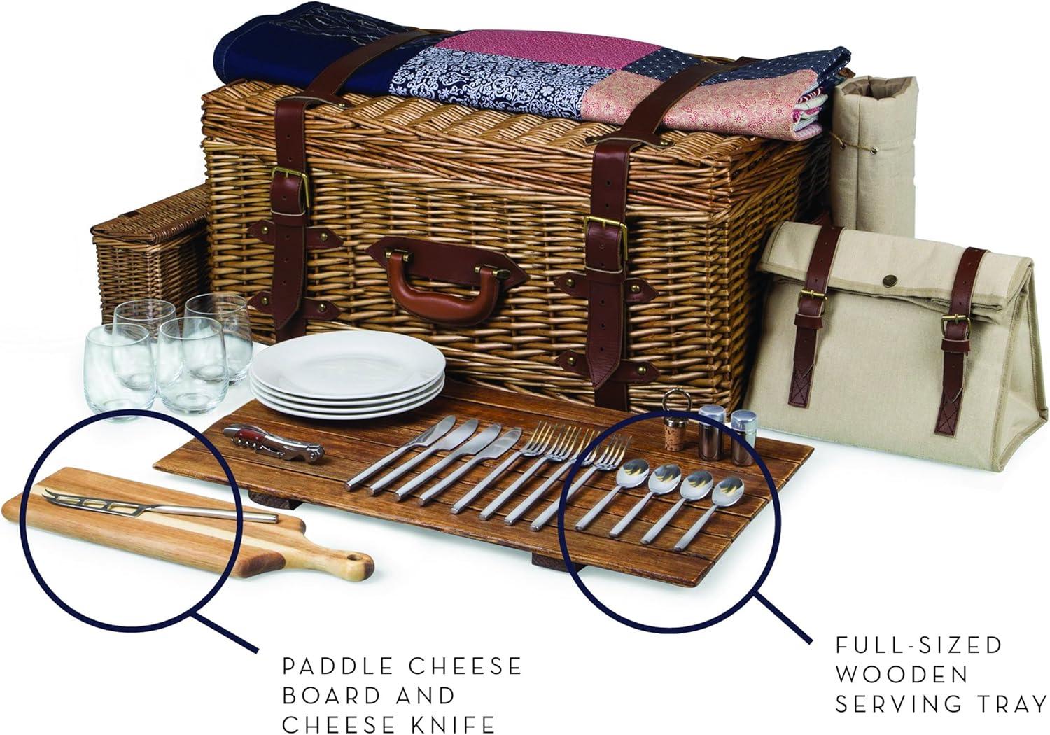 imagePICNIC TIME Charleston Luxury Picnic Basket for 4 Romantic Vintage EnglishStyle Wooden Basket Complete Deluxe Service With Blanket Suitcasestyle Handle and Genuine Cowhide Leather Beige Canvas