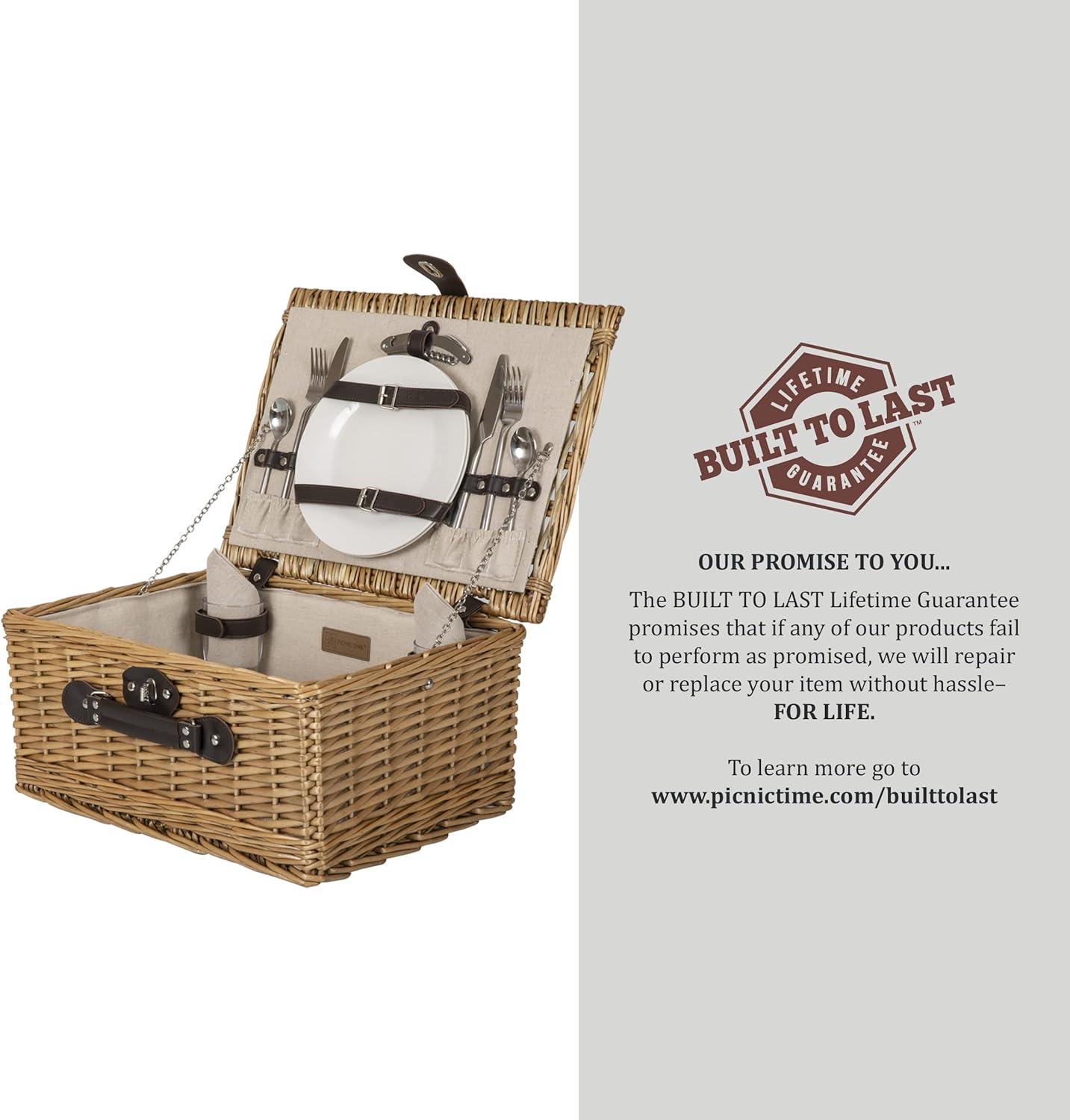 imagePICNIC TIME Classic Picnic Basket for 2 Romantic EnglishStyle Wooden Wicker Basket with Deluxe Service for 2 FullyLined Interior Leatherette LidLocking Buckle and Carry Handle Beige CanvasHoney Willow With Beige Canvas Lining