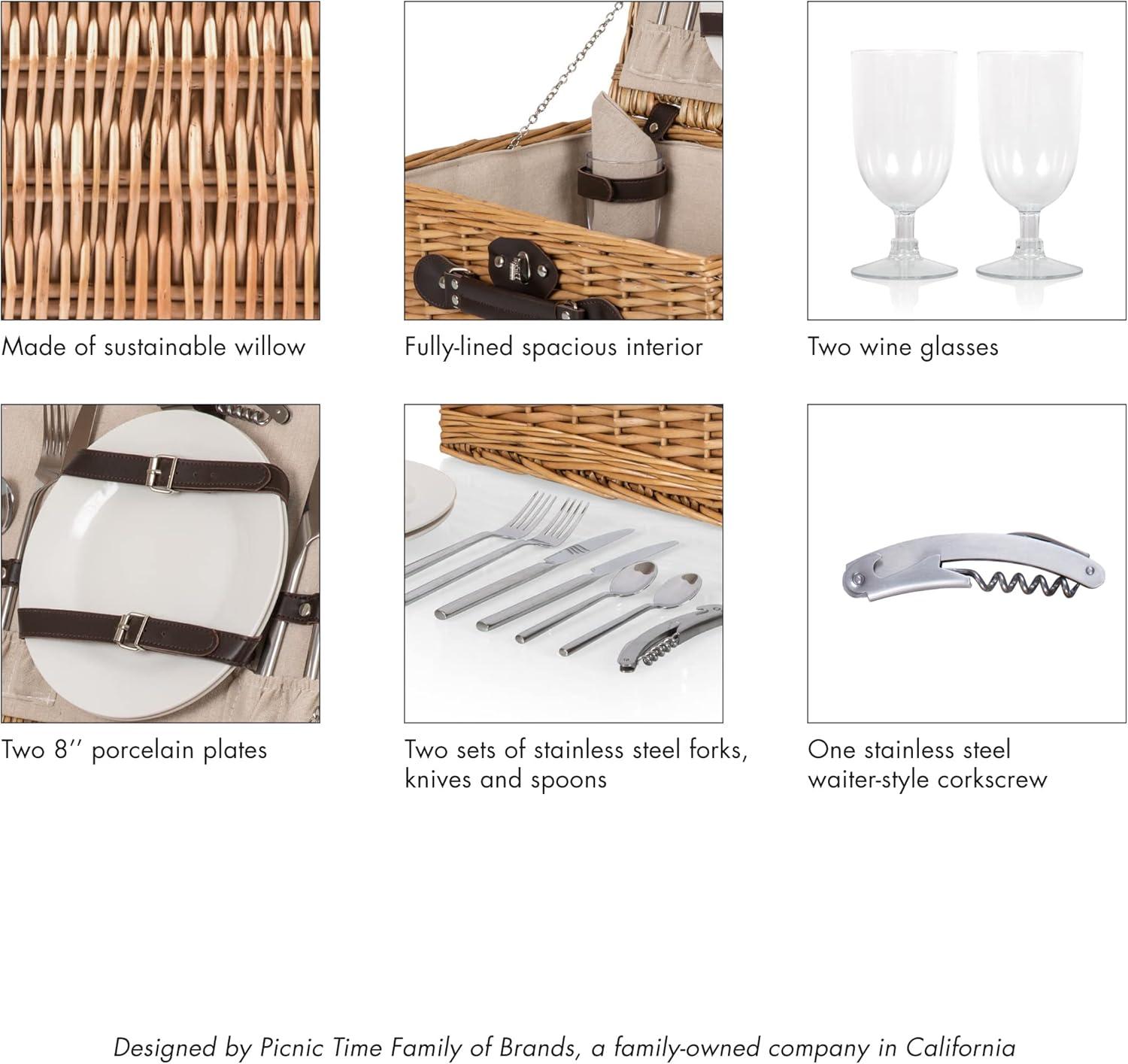 imagePICNIC TIME Classic Picnic Basket for 2 Romantic EnglishStyle Wooden Wicker Basket with Deluxe Service for 2 FullyLined Interior Leatherette LidLocking Buckle and Carry Handle Beige CanvasHoney Willow With Beige Canvas Lining