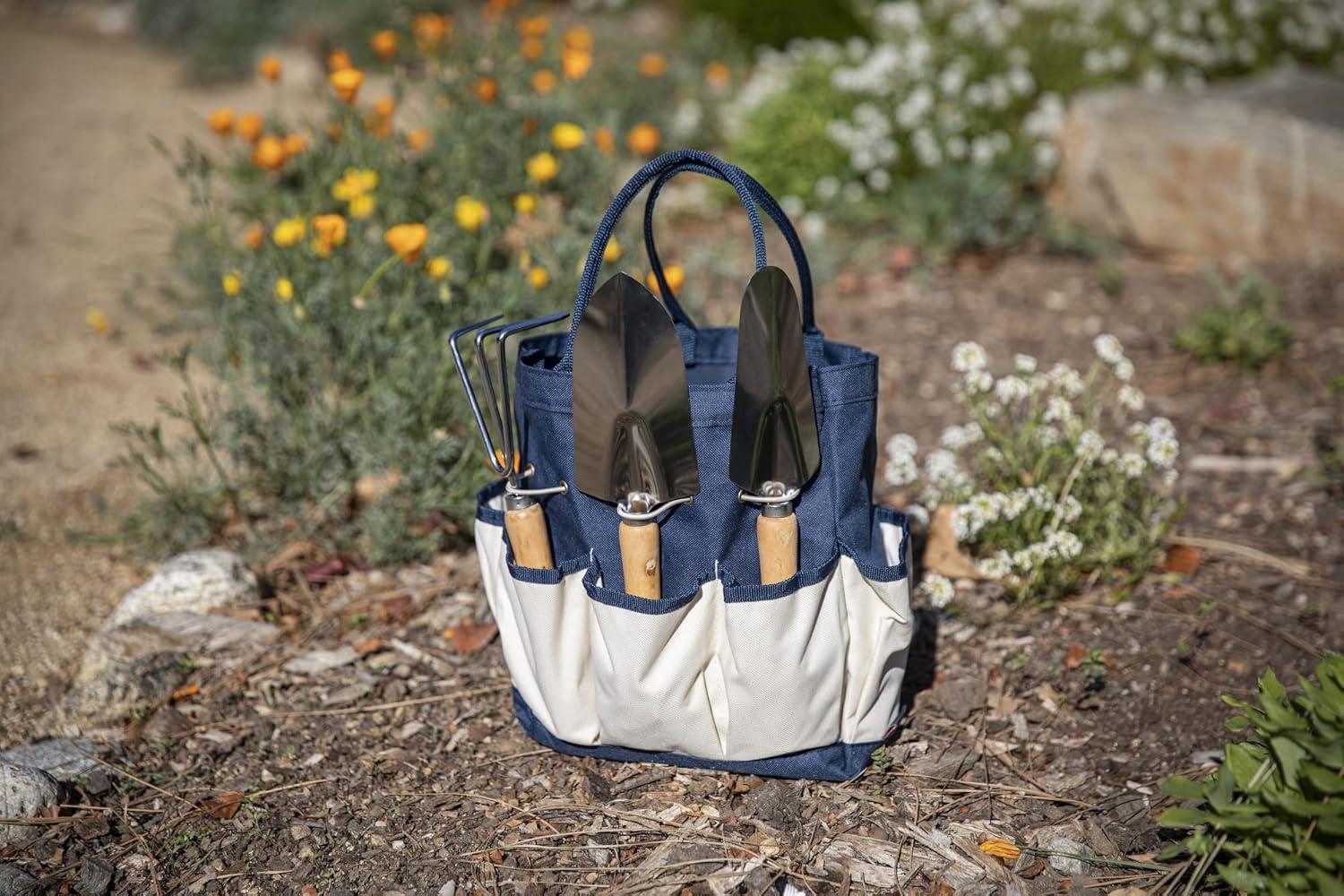 imagePICNIC TIME Garden Bag with Tool Set Garden Tool Organizer Bag Gardening Tools Gifts for Women and Men Navy Blue with Beige AccentsNavyCream