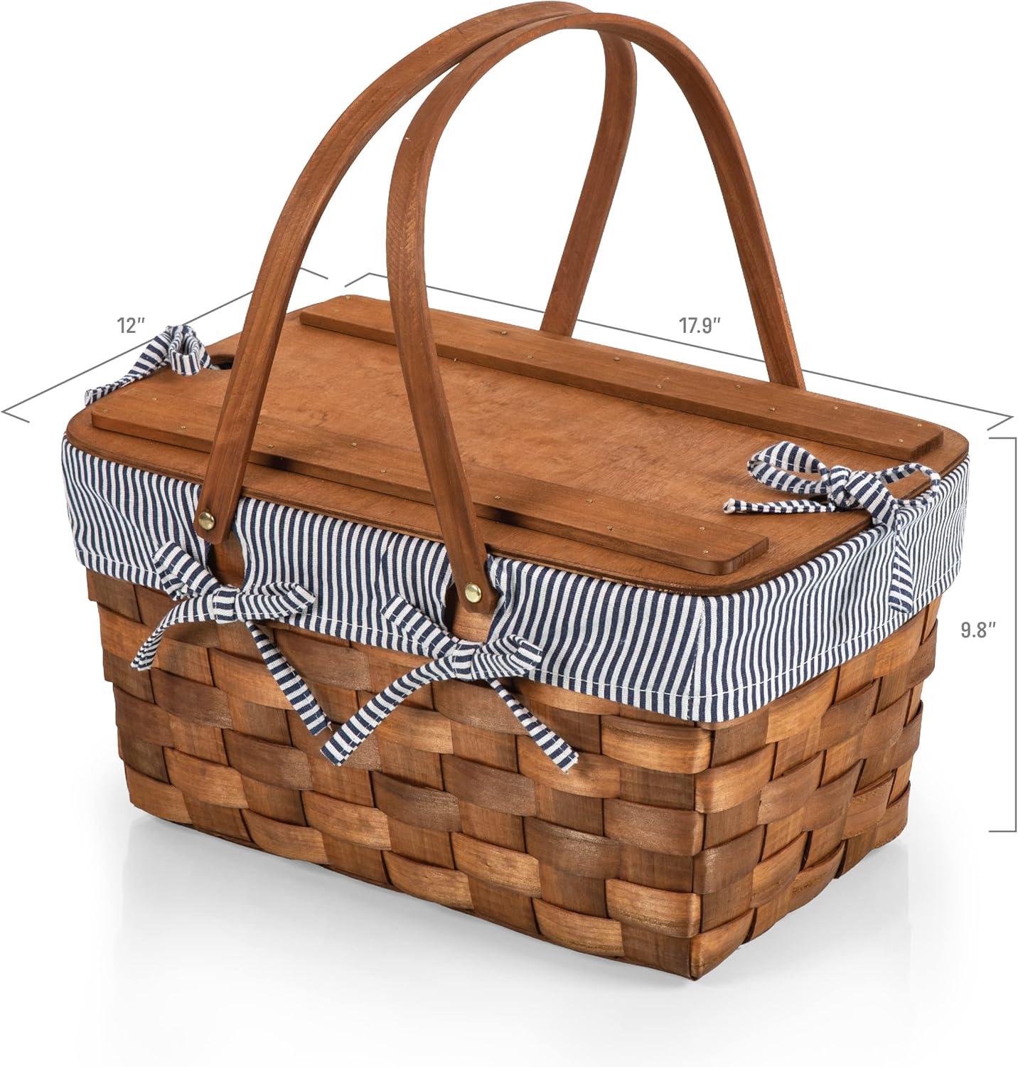 imagePICNIC TIME Kansas Handwoven Wood Picnic Basket Sturdy Woven Wicker Basket with Tabletop Lid and Removable and Washable Polycotton VintageStyle Liner Navy Blue ampamp White Stripe