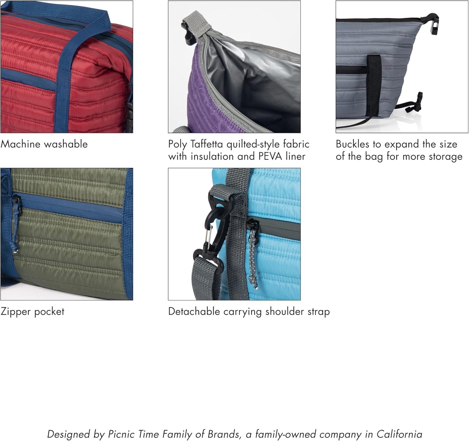 imagePICNIC TIME Midday Quilted Washable Insulated Lunch Bag Expandable Stylish Soft Cooler Bag Portable Cooler Lunchbox with Detachable Carrying Shoulder Strap and Zipper Closure Gray