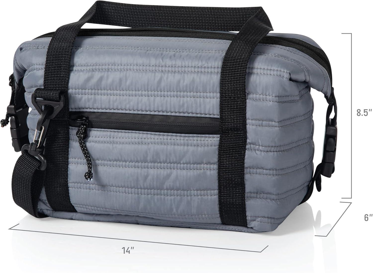 imagePICNIC TIME Midday Quilted Washable Insulated Lunch Bag Expandable Stylish Soft Cooler Bag Portable Cooler Lunchbox with Detachable Carrying Shoulder Strap and Zipper Closure Gray