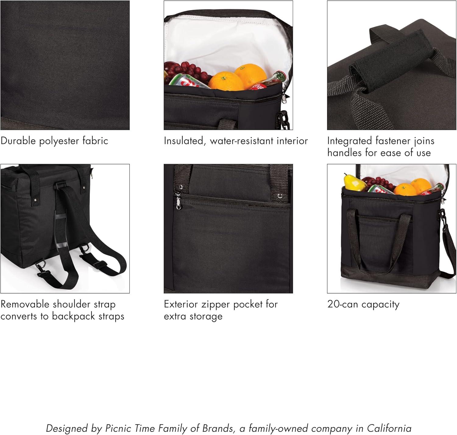 imagePICNIC TIME Montero Tote Cooler Bag Versatile Insulated Cooler Bag with 20Can Capacity Soft Insulated Tote with WaterResistant Interior Liner Zipper Pockets Converts to Backpack Straps Black