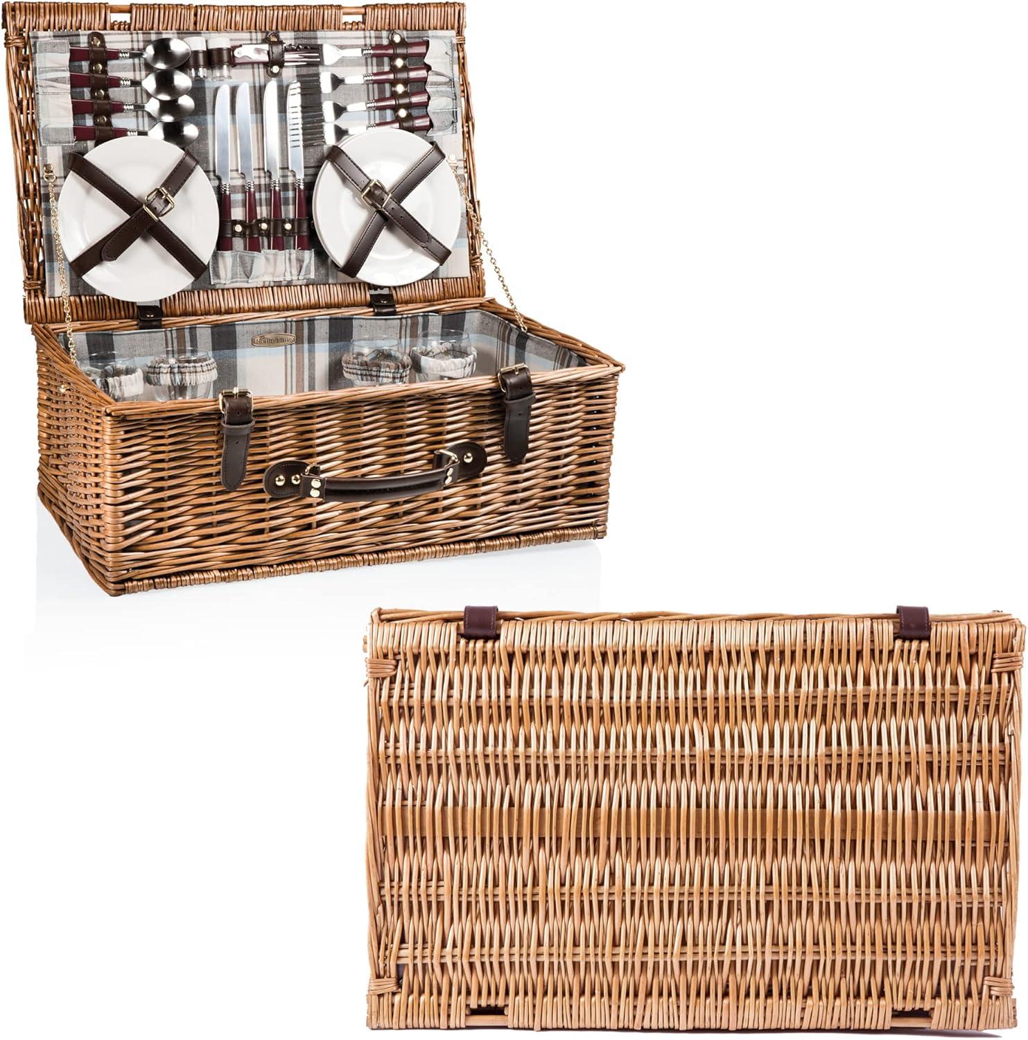 imagePICNIC TIME Newbury Picnic Basket for 4 Romantic EnglishStyle Wooden Wicker Basket with Deluxe Service for 4 Fullylined Interior Leatherette Lidlocking Buckle and Flatlid Design Navy Blue