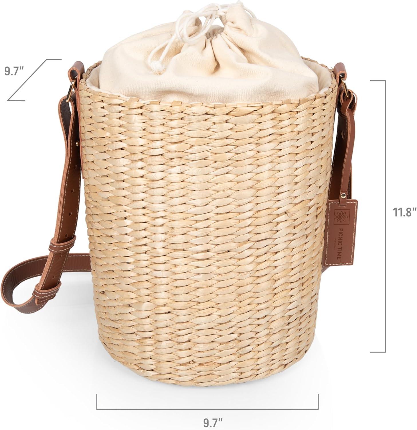 imagePICNIC TIME Palermo Rush Insulated Bucket Tote with Leather Straps Insulated Beach Bag Picnic Tote Bag Beige Canvas