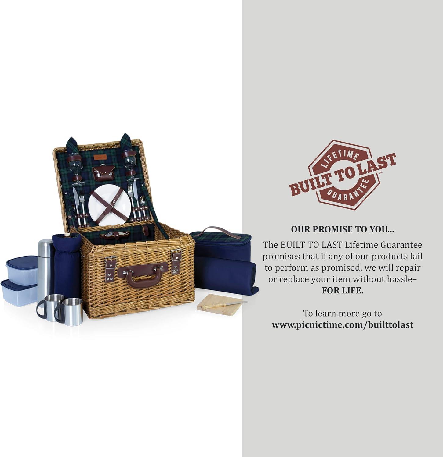 imagePICNIC TIME Romantic Canterbury Deluxe Wicker Picnic Basket Set for 2 with Blanket and Soft Cooler One Size Navy With PlaidNavy With Plaid