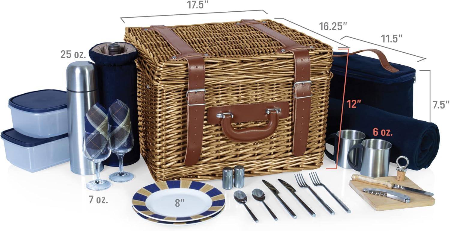 imagePICNIC TIME Romantic Canterbury Deluxe Wicker Picnic Basket Set for 2 with Blanket and Soft Cooler One Size Navy With PlaidNavy With Plaid