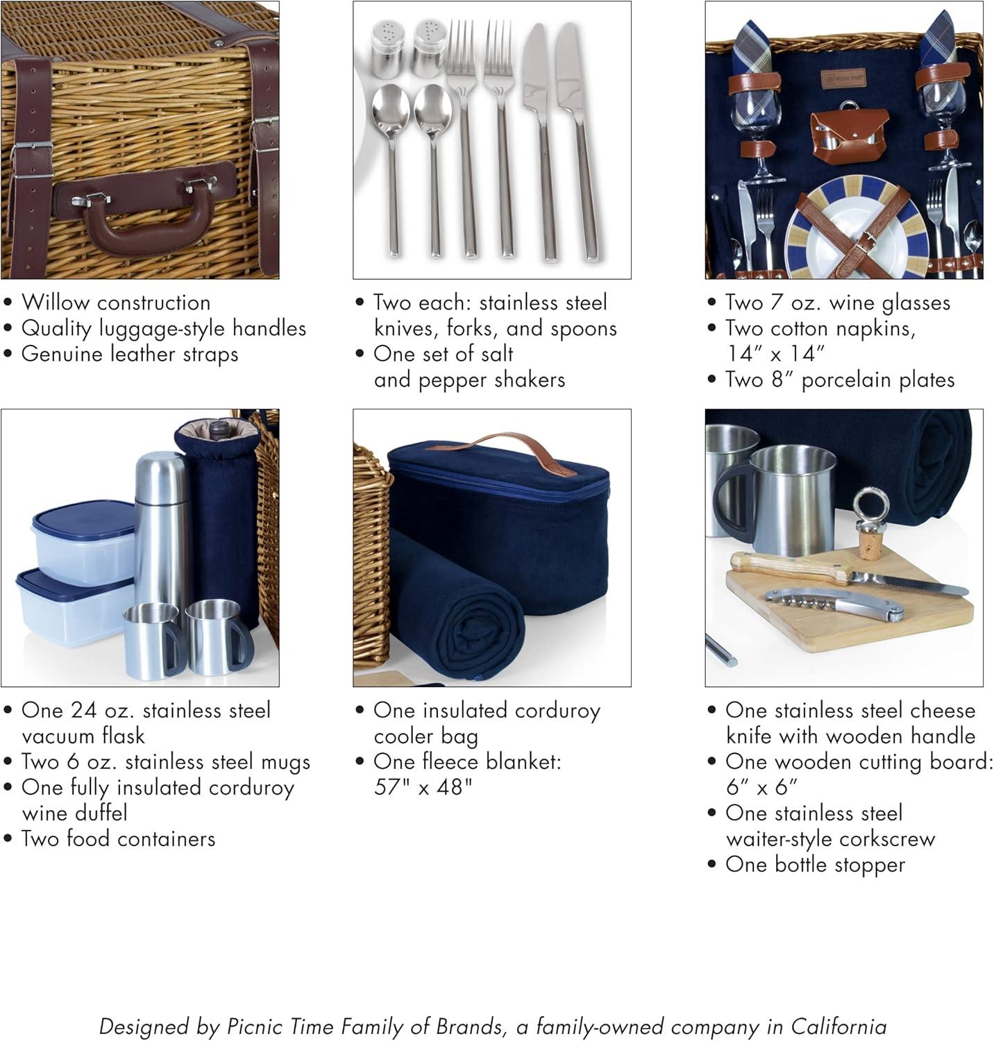 imagePICNIC TIME Romantic Canterbury Deluxe Wicker Picnic Basket Set for 2 with Blanket and Soft Cooler One Size Navy With PlaidNavy With Plaid