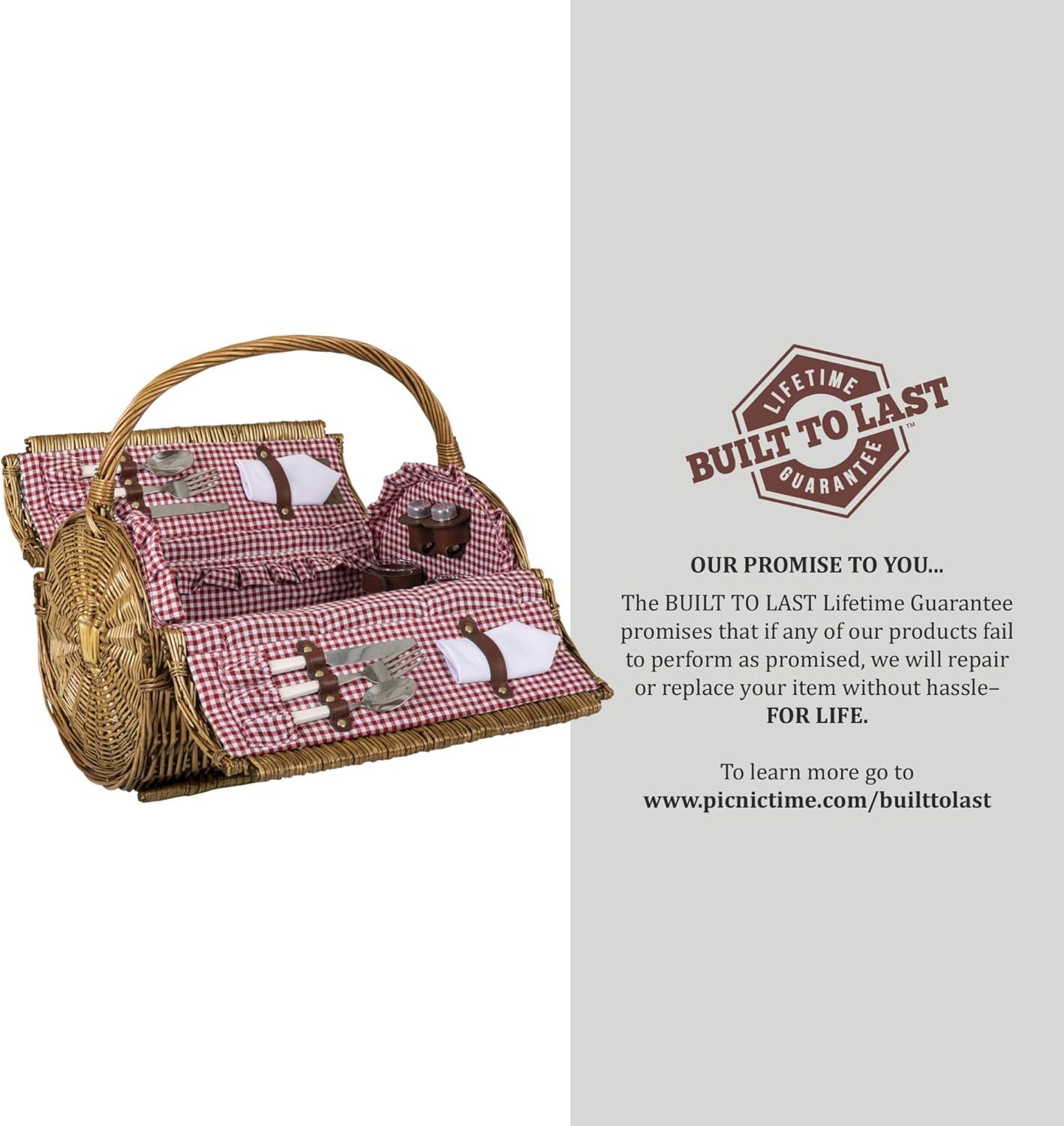 imagePicnic TIME Barrel Wicker Picnic Basket for 2 Romantic EnglishStyle Rounded Wooden Wicker Basket with Deluxe Service for 2 FullyLined Interior and Handwoven Red ampamp White Gingham PatternRed White Gingham Pattern