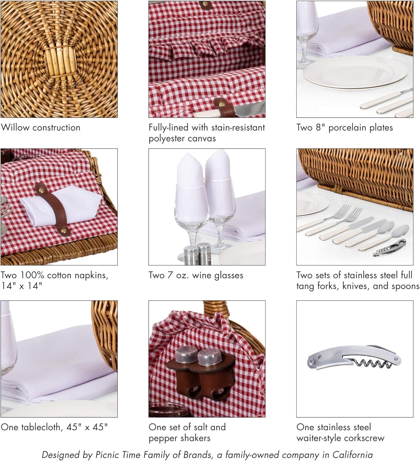 imagePicnic TIME Barrel Wicker Picnic Basket for 2 Romantic EnglishStyle Rounded Wooden Wicker Basket with Deluxe Service for 2 FullyLined Interior and Handwoven Red ampamp White Gingham PatternRed White Gingham Pattern