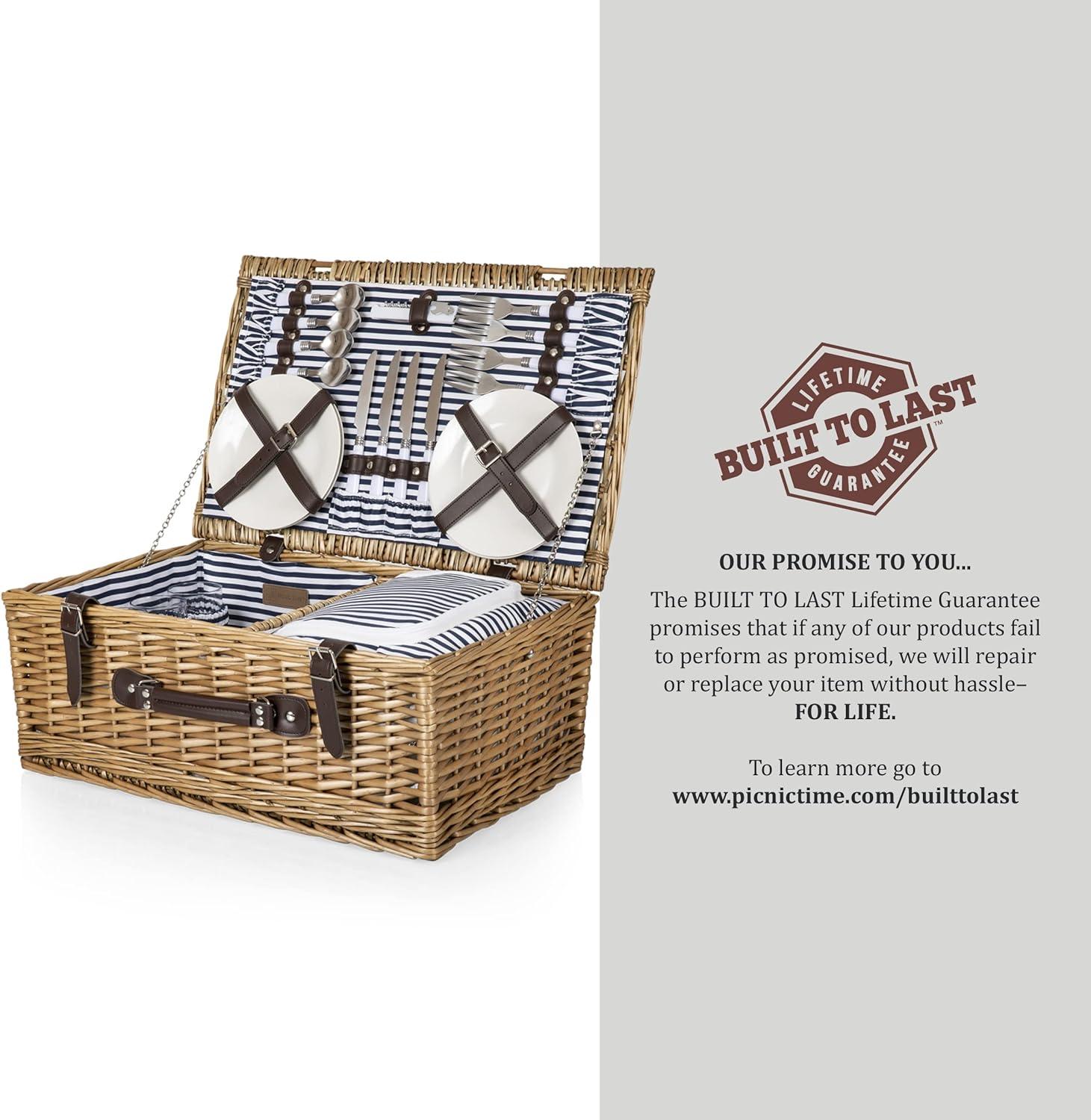 imagePicnic TME Belmont Picnic Basket for 4 Insulated Wicker Basket Set with Porcelain Plates Stainless Steel Flatware Wine Glasses Cooler Leatherette Straps Gift Navy Blue ampamp White StripeHoney Willow With Navy Blue and White Stripes