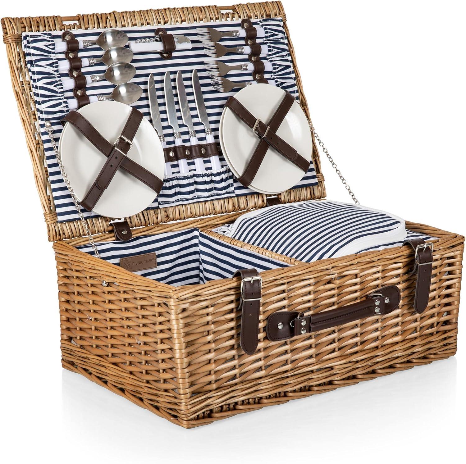 imagePicnic TME Belmont Picnic Basket for 4 Insulated Wicker Basket Set with Porcelain Plates Stainless Steel Flatware Wine Glasses Cooler Leatherette Straps Gift Navy Blue ampamp White StripeHoney Willow With Navy Blue and White Stripes