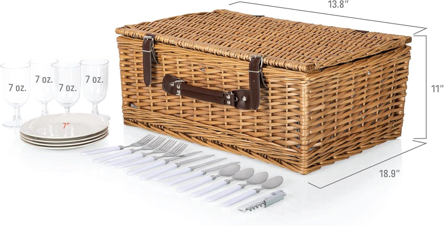 imagePicnic TME Belmont Picnic Basket for 4 Insulated Wicker Basket Set with Porcelain Plates Stainless Steel Flatware Wine Glasses Cooler Leatherette Straps Gift Navy Blue ampamp White StripeHoney Willow With Navy Blue and White Stripes