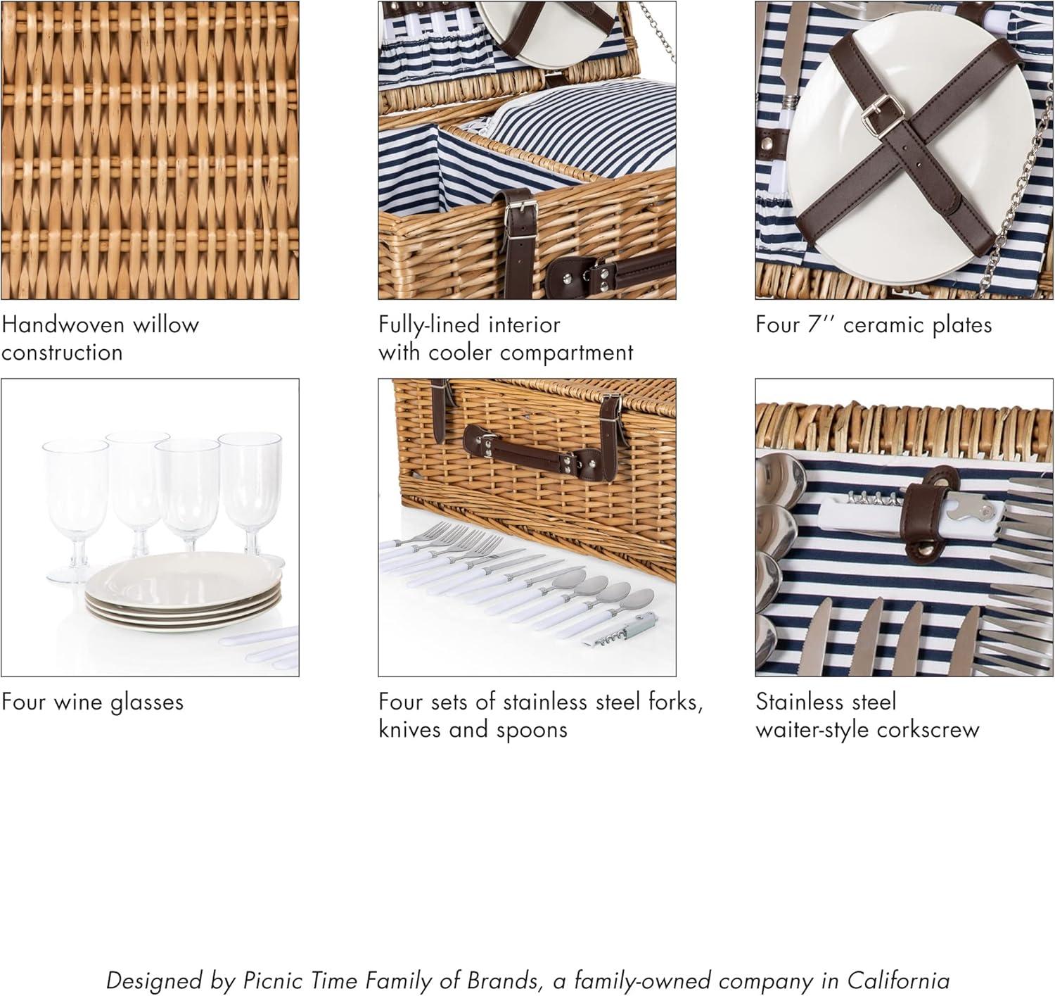 imagePicnic TME Belmont Picnic Basket for 4 Insulated Wicker Basket Set with Porcelain Plates Stainless Steel Flatware Wine Glasses Cooler Leatherette Straps Gift Navy Blue ampamp White StripeHoney Willow With Navy Blue and White Stripes