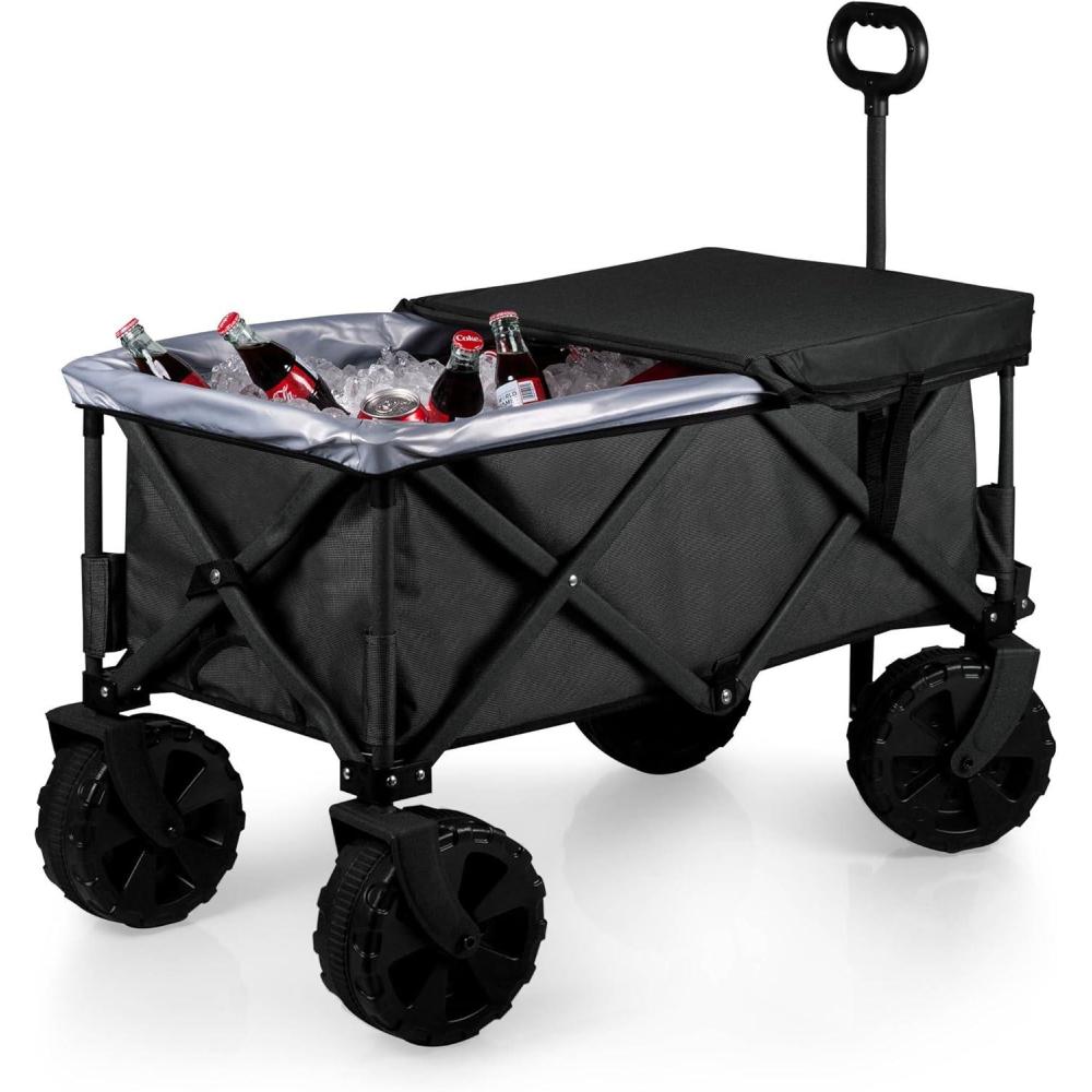 imageONIVA a Picnic Time brand Adventure Wagon Elite AllTerrain Folding Beach Wagon with Big Wheels plus Table Top Lid ampamp Soft Cooler Liner Dark Gray