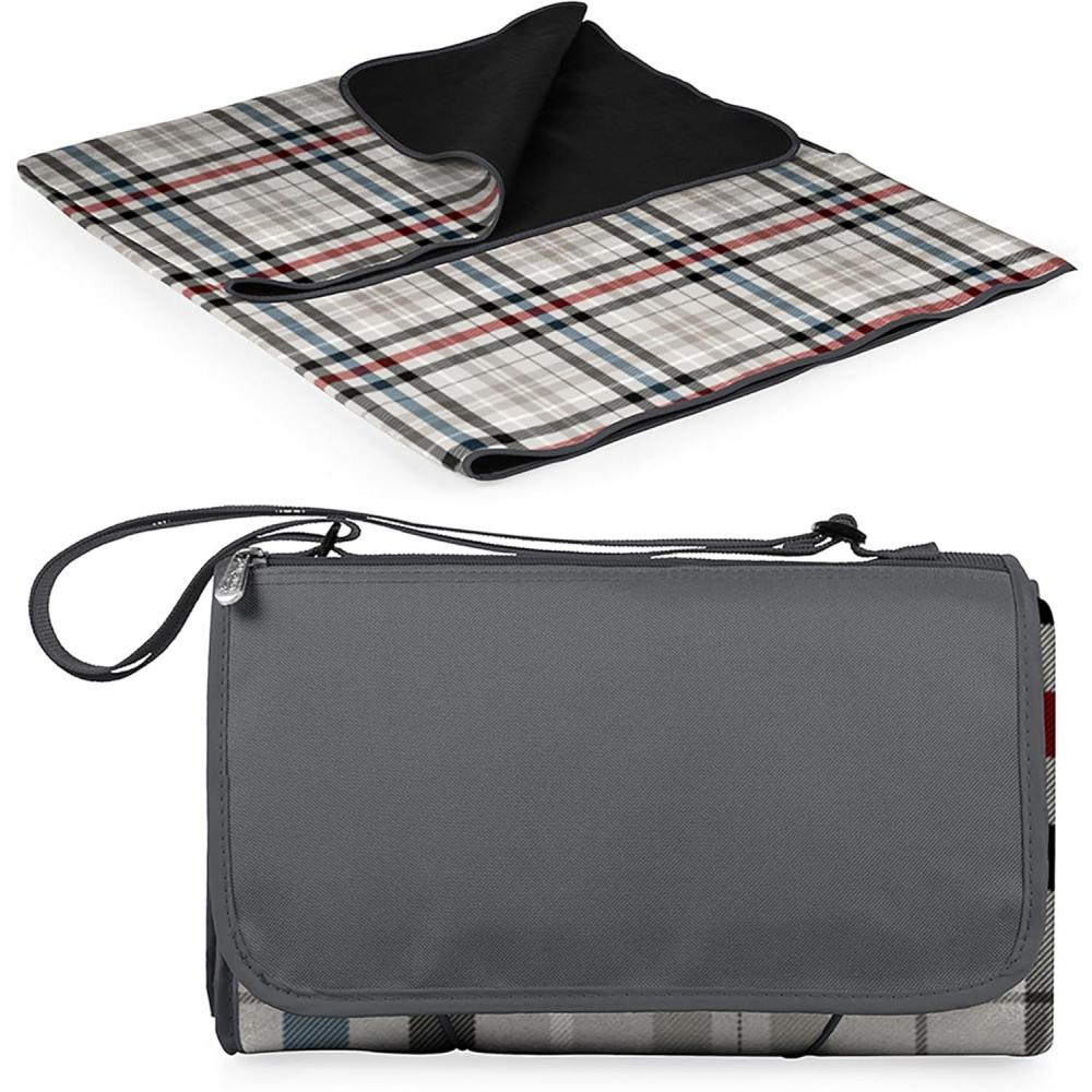 imageONIVA Blanket Tote XL Outdoor Picnic Blanket 70quotx80quot Foldable Beach Blanket with Fleece Top WaterResistant Backing Strap ampamp Pocket Portable Mat for 45 People by Picnic Time Blue StripeNavy FlapCarnaby Street Collection Gray With Blue Red Accents
