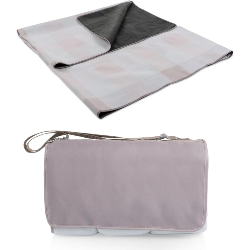 imageONIVA Blanket Tote XL Outdoor Picnic Blanket 70quotx80quot Foldable Beach Blanket with Fleece Top WaterResistant Backing Strap ampamp Pocket Portable Mat for 45 People by Picnic Time Blue StripeNavy FlapPastel Plaid Beige