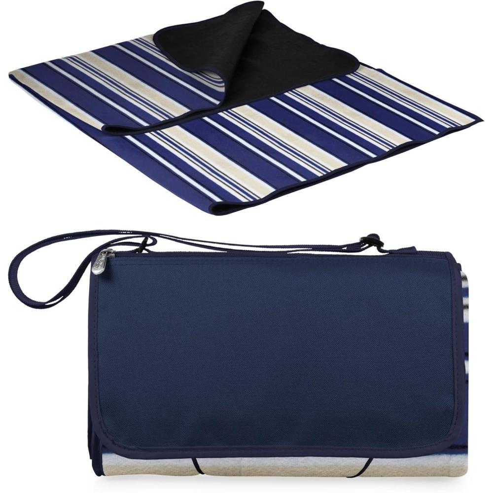 imageONIVA Blanket Tote XL Outdoor Picnic Blanket 70quotx80quot Foldable Beach Blanket with Fleece Top WaterResistant Backing Strap ampamp Pocket Portable Mat for 45 People by Picnic Time Blue StripeNavy FlapBlue Stripe Pattern With Navy Flap