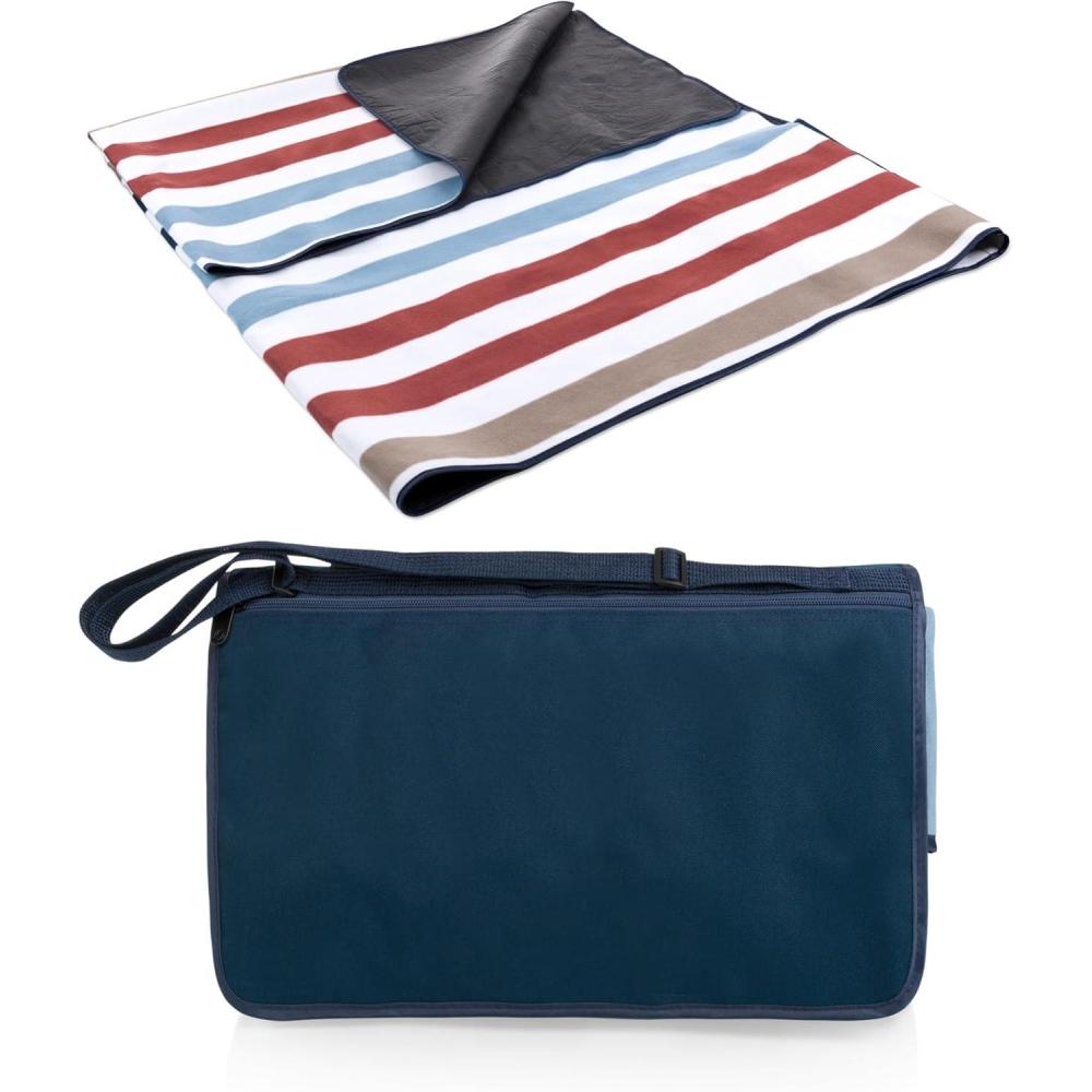 imageONIVA Blanket Tote XL Outdoor Picnic Blanket 70quotx80quot Foldable Beach Blanket with Fleece Top WaterResistant Backing Strap ampamp Pocket Portable Mat for 45 People by Picnic Time Blue StripeNavy FlapCoastal Stripes Blue