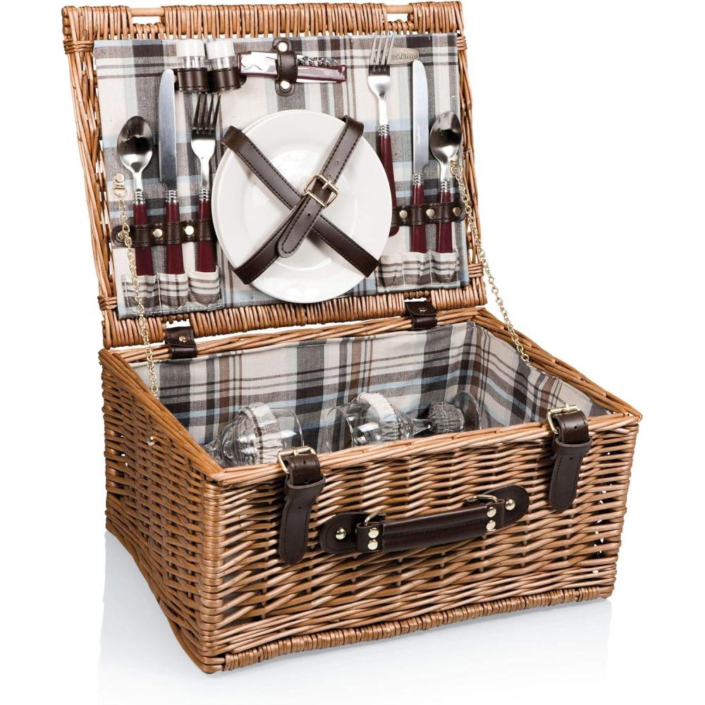 imagePICNIC TIME Bristol Picnic Basket for 2 Wicker Picnic Basket Picnic Set Navy Blue ampamp Burgundy Plaid Pattern