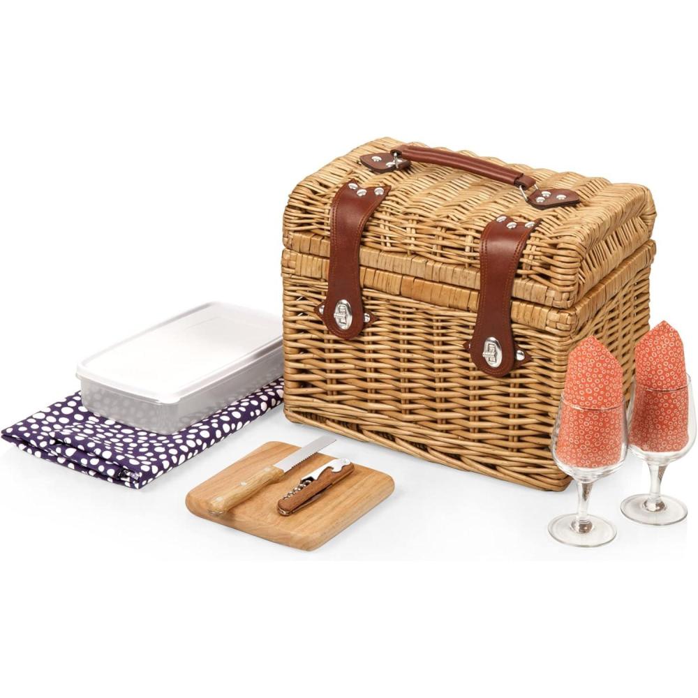 imagePICNIC TIME Napa Wine ampamp Cheese Picnic Basket for 2 Wine Picnic Basket Set Wine Basket with Wine Glasses and Cheese Board Adeline Collection Deep Purple with Coral Pattern
