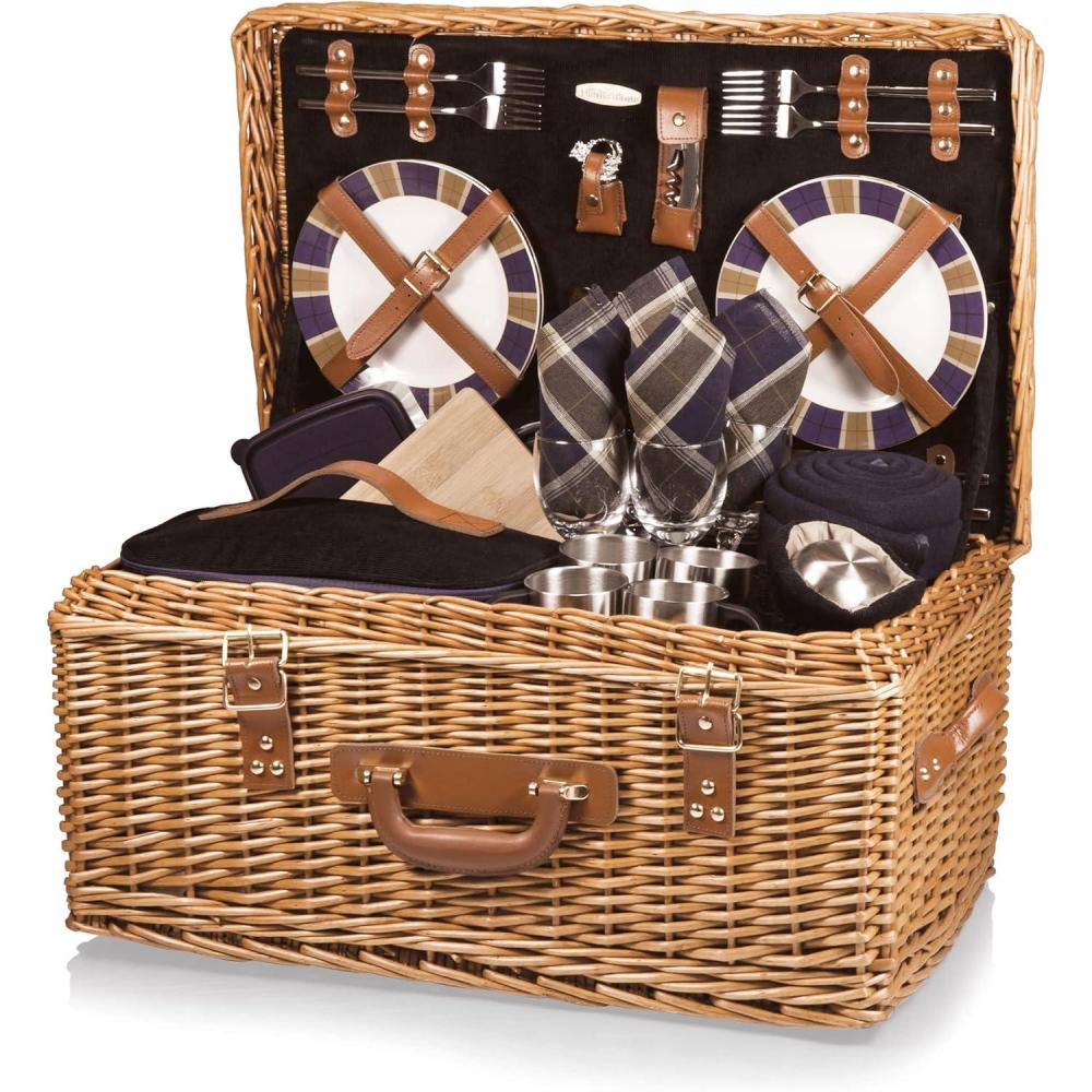imagePICNIC TIME Windsor Luxury Picnic Basket for 4 Large Wicker Picnic Basket Deluxe Picnic Set 4 Navy Blue