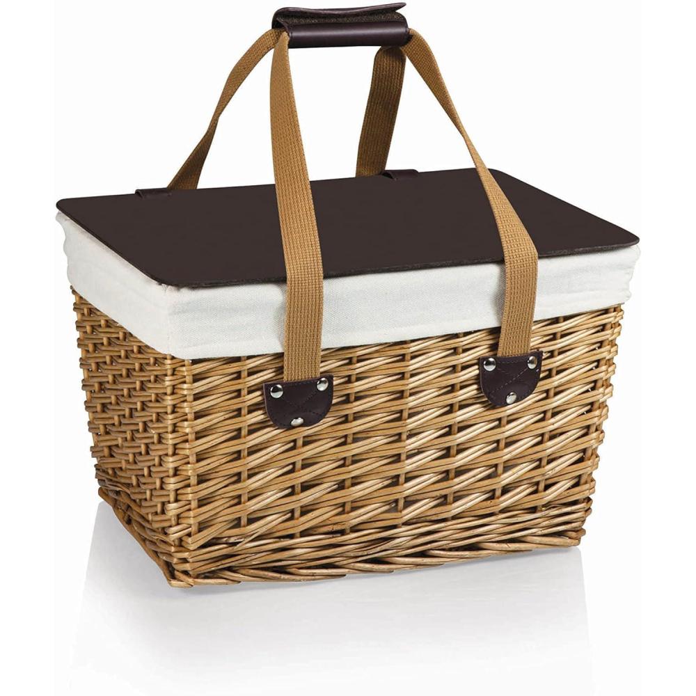 imagePICNIC TIME Canasta Wicker Picnic Basket Classic Small Wicker Basket for 2 with Handwoven Willow Design Removable and Customizable Lid Table Beige Canvas with Red ampamp White Gingham Pattern LidBeige Canvas With Brown Lid