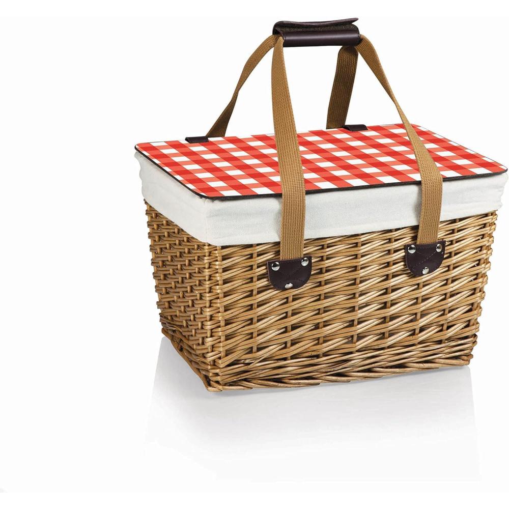 imagePICNIC TIME Canasta Wicker Picnic Basket Classic Small Wicker Basket for 2 with Handwoven Willow Design Removable and Customizable Lid Table Beige Canvas with Red ampamp White Gingham Pattern LidBeige Canvas With Red White Gingham Pattern Lid
