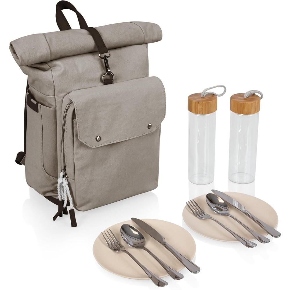 imagePICNIC TIME Carmel Roll Top Backpack Cooler Canvas Insulated Cooler Backpack Bag for Lunch and Hiking Portable Beach Cooler Bag Picnic BagGray