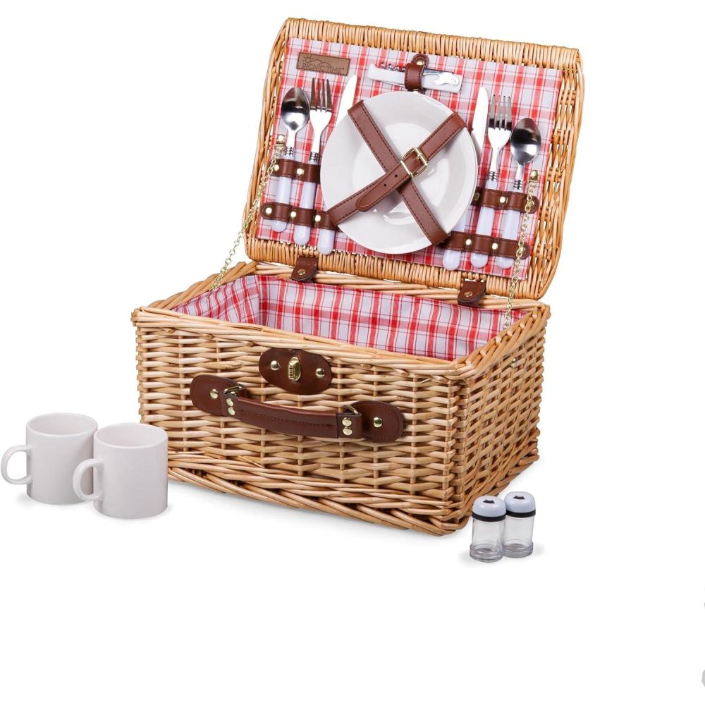imagePICNIC TIME Catalina Picnic Basket for 2 Classic Deluxe English Handwoven Wicker Basket with Genuine Leather Accents and Full Service for Two Dahlia Collection Navy Blue with Beige PatternRedWhite Plaid