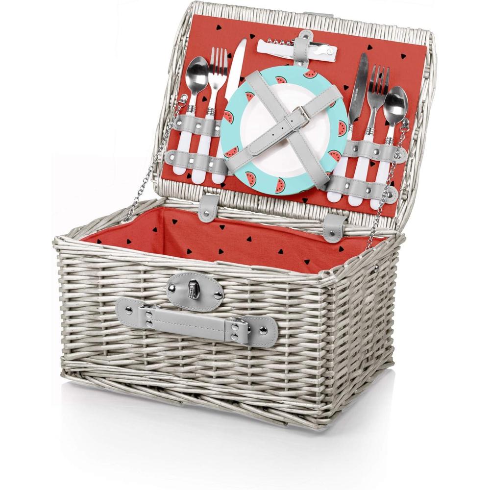 imagePICNIC TIME Catalina Picnic Basket for 2 Classic Deluxe English Handwoven Wicker Basket with Genuine Leather Accents and Full Service for Two Dahlia Collection Navy Blue with Beige PatternWatermelon Collection Vista Blue With Red Watermelon Pattern