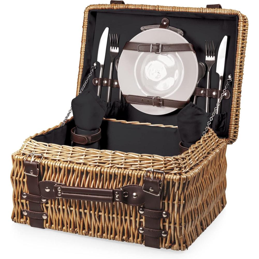 imagePICNIC TIME Champion Picnic Basket for 2 Large Wicker Hamper Set with Cutlery Service Kit Navy BlueBlack With Brown Accents