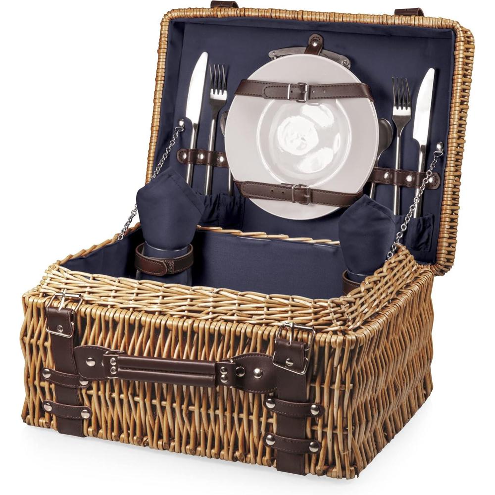 imagePICNIC TIME Champion Picnic Basket for 2 Large Wicker Hamper Set with Cutlery Service Kit Navy BlueNavy Blue