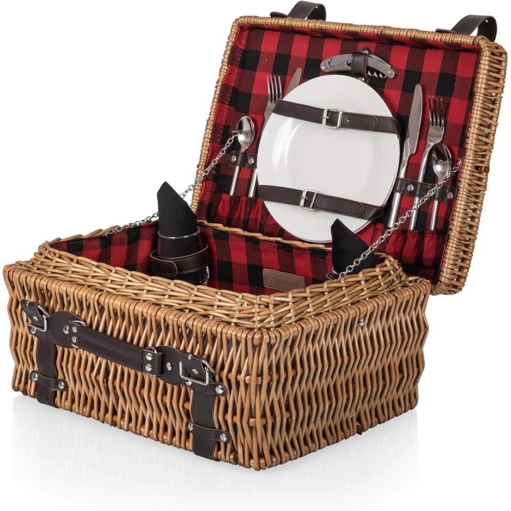 imagePICNIC TIME Champion Picnic Basket for 2 Large Wicker Hamper Set with Cutlery Service Kit Navy BlueRed Black Buffalo Plaid Pattern