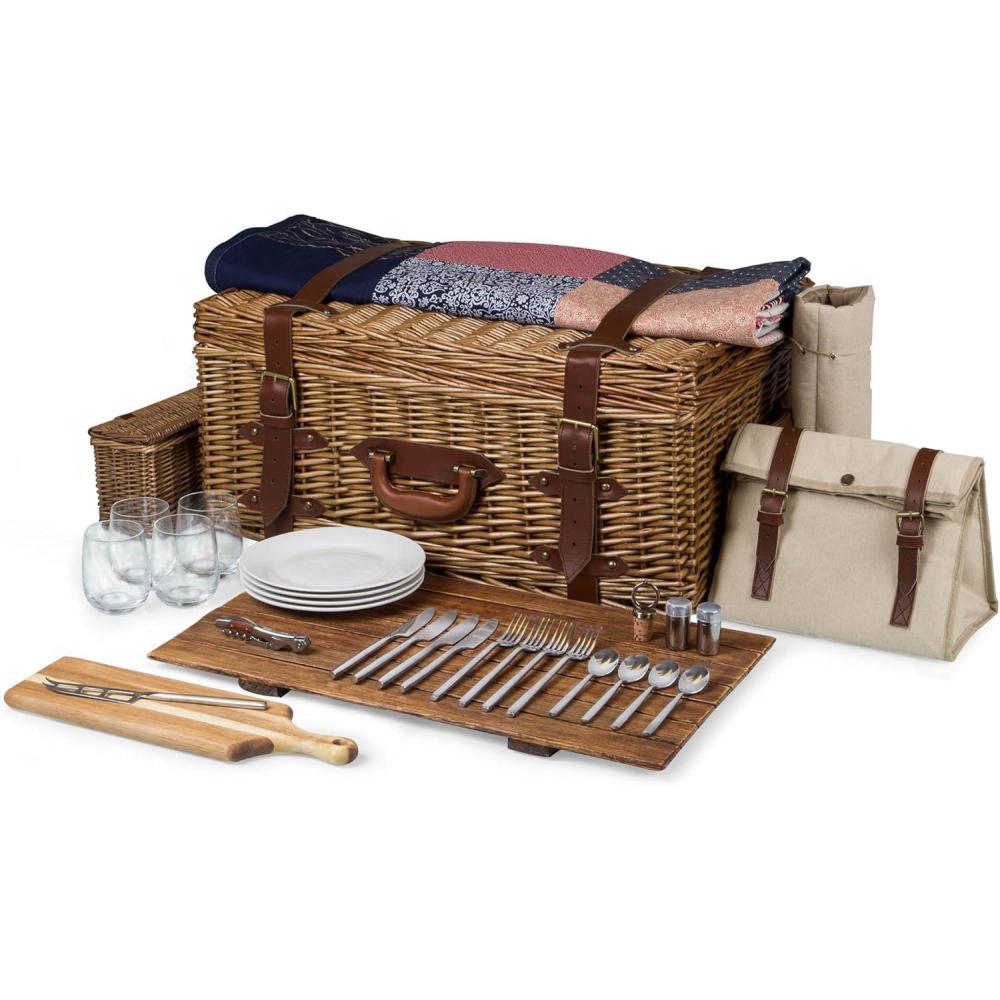 imagePICNIC TIME Charleston Luxury Picnic Basket for 4 Romantic Vintage EnglishStyle Wooden Basket Complete Deluxe Service With Blanket Suitcasestyle Handle and Genuine Cowhide Leather Beige Canvas