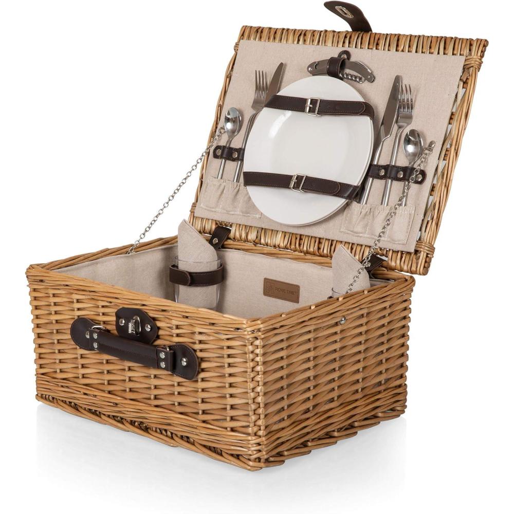 imagePICNIC TIME Classic Picnic Basket for 2 Romantic EnglishStyle Wooden Wicker Basket with Deluxe Service for 2 FullyLined Interior Leatherette LidLocking Buckle and Carry Handle Beige CanvasHoney Willow With Beige Canvas Lining