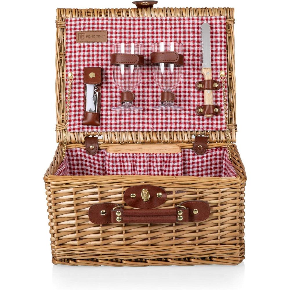 imagePICNIC TIME Classic Wine ampamp Cheese Picnic Basket Romantic EnglishStyle Wooden Basket Deluxe Service for 2 with FullyLined Interior Leatherette Buckle and Handle Red ampamp White Gingham Pattern