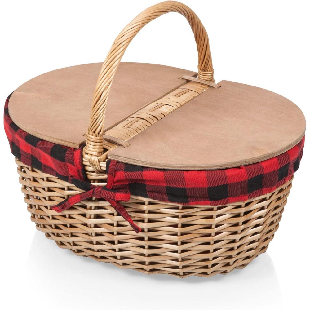 imagePICNIC TIME Country Picnic Basket Sturdy Woven Wicker Basket with Customizable Splitlid Design and Removable and Washable Polycotton VintageStyle Liner Navy Blue ampamp White StripeRed Black Buffalo Plaid Pattern