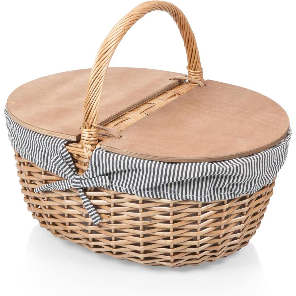 imagePICNIC TIME Country Picnic Basket Sturdy Woven Wicker Basket with Customizable Splitlid Design and Removable and Washable Polycotton VintageStyle Liner Navy Blue ampamp White StripeNavy Blue  White Stripe