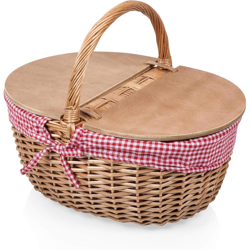imagePICNIC TIME Country Picnic Basket Sturdy Woven Wicker Basket with Customizable Splitlid Design and Removable and Washable Polycotton VintageStyle Liner Navy Blue ampamp White StripeRed White Gingham Pattern